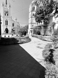 An old black-and-white image of the church building surrounded by blooming trees in spring.