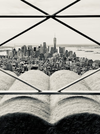 A grayscale view of a city skyline with prominent skyscrapers, framed by architectural elements in the foreground. The perspective is slightly obscured by geometric patterns that create an artistic frame around the cityscape, adding a unique perspective to the image.