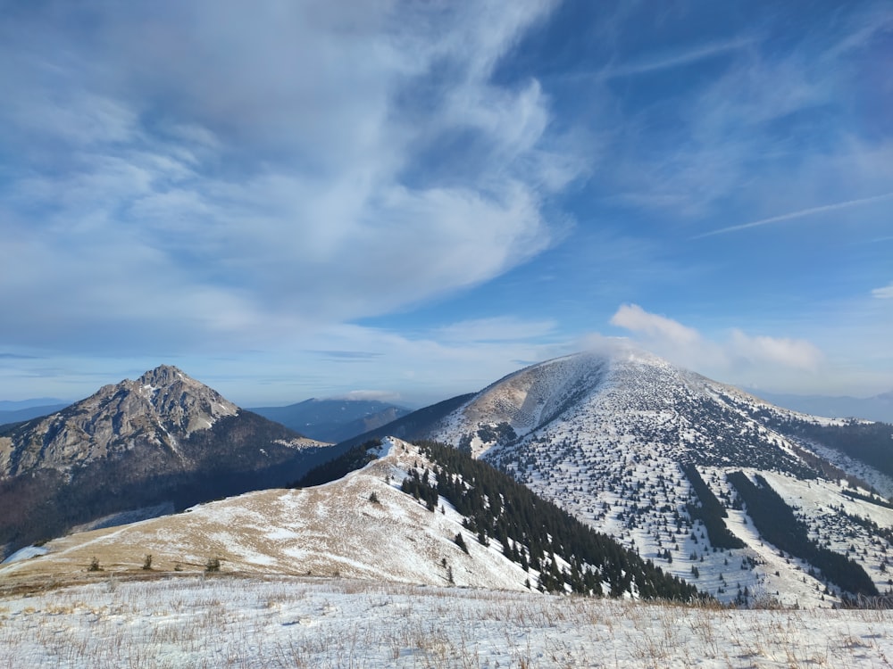 a view of a snow covered mountain range