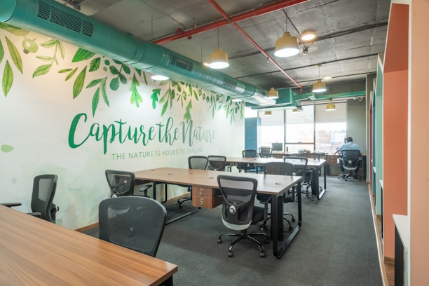 Modern office workspace with ergonomic chairs and desks in bright natural light