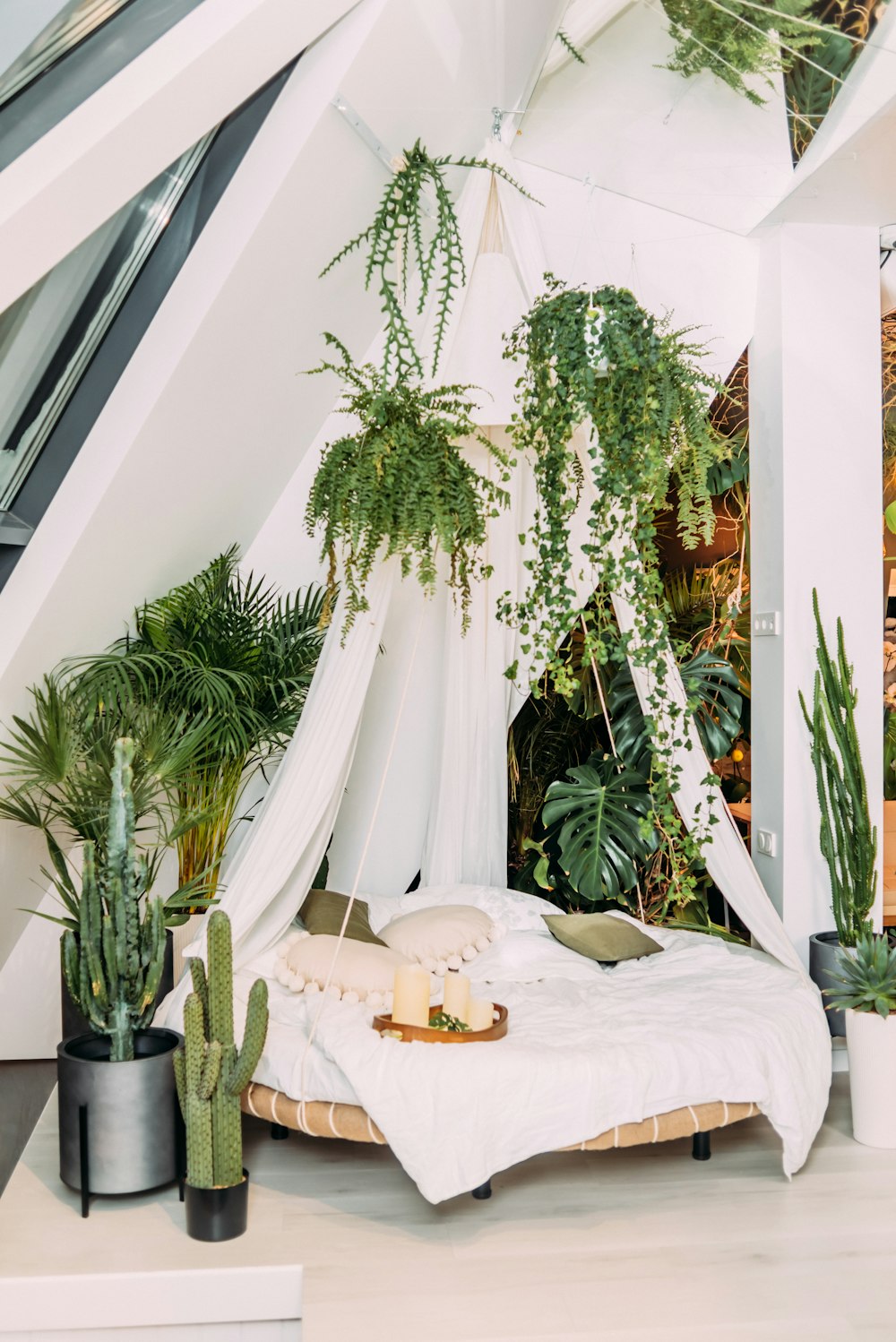 a bed with a canopy and plants in a room