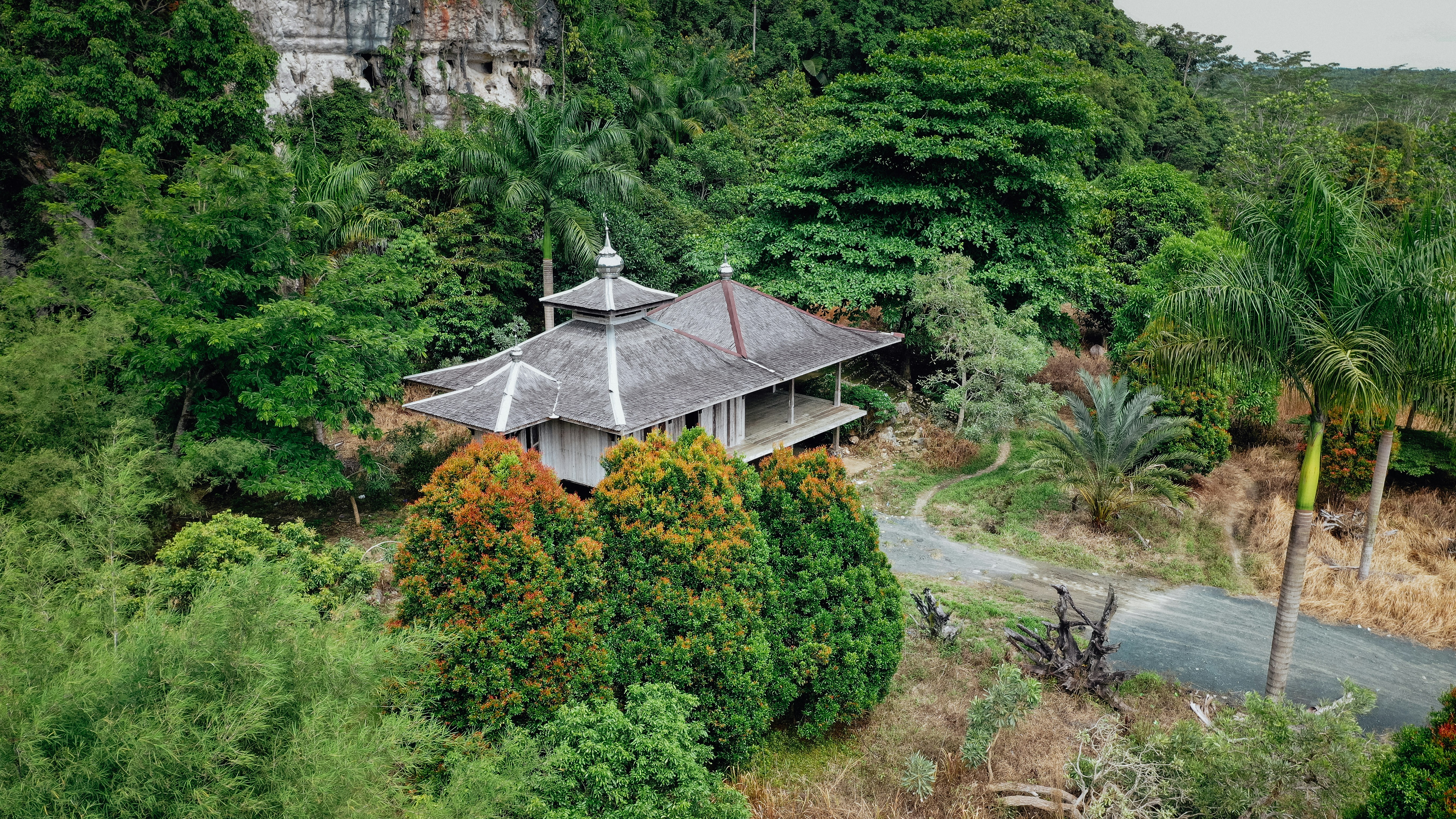 an aerial view of a house surrounded by trees