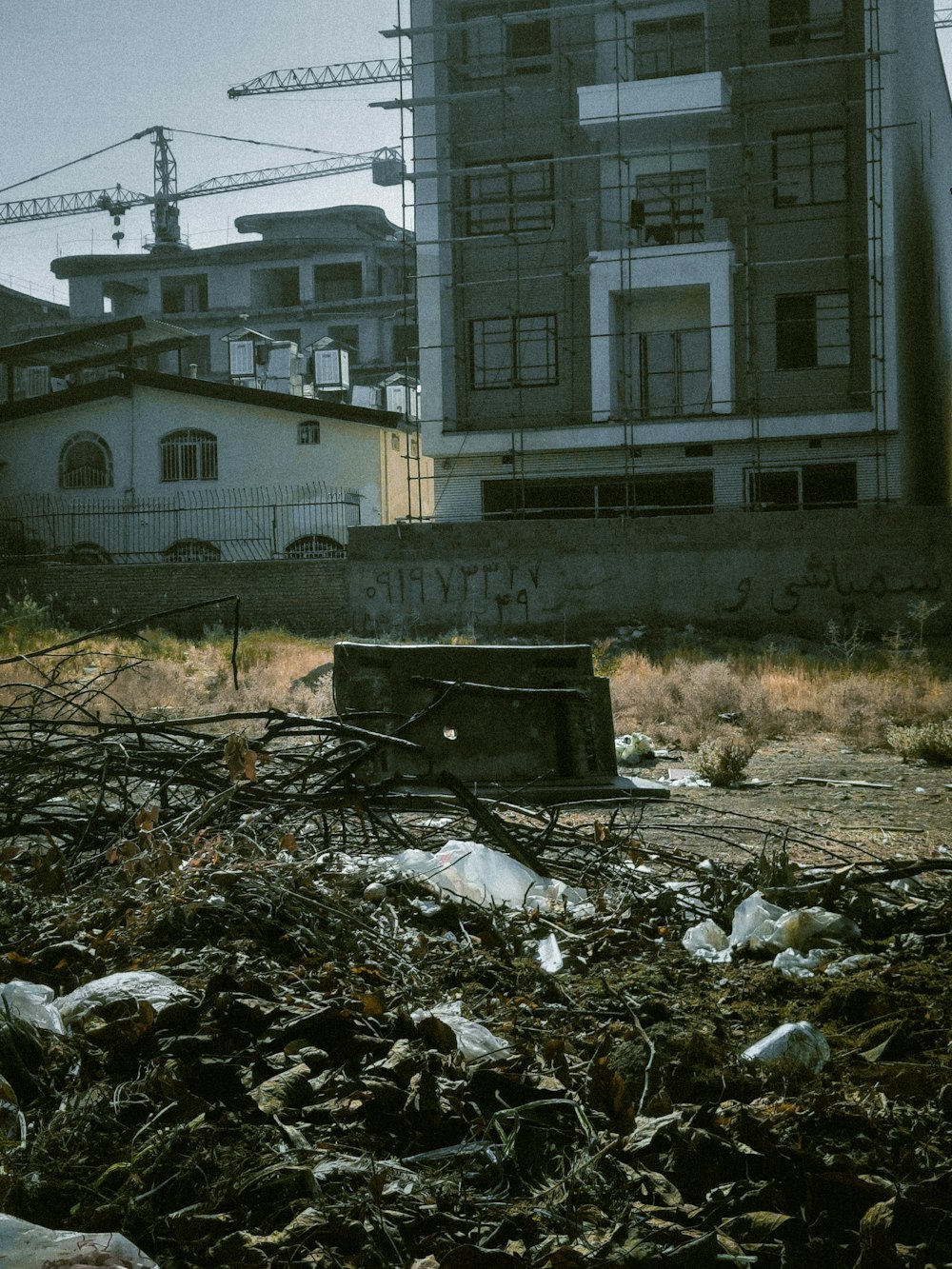 a building with a lot of trash in front of it