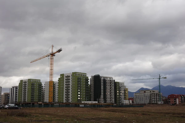Commercial building construction with crane