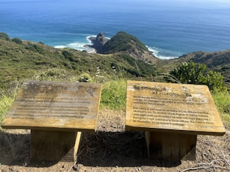 Two wooden plaques with inscriptions in English and Maori stand on a grassy cliffside overlooking a vast ocean and rolling hills. The plaques appear weathered, suggesting exposure to the coastal elements. The scenic backdrop of the blue sea fades into the horizon under a clear sky, with rugged greenery covering the landscape.