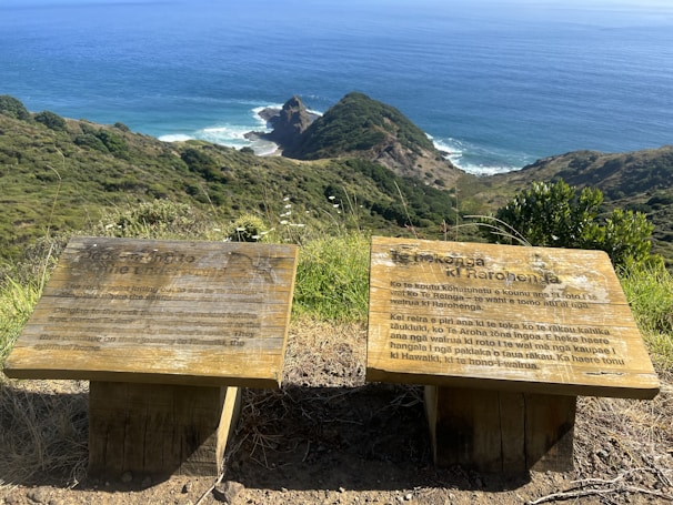 Two wooden plaques with inscriptions in English and Maori stand on a grassy cliffside overlooking a vast ocean and rolling hills. The plaques appear weathered, suggesting exposure to the coastal elements. The scenic backdrop of the blue sea fades into the horizon under a clear sky, with rugged greenery covering the landscape.
