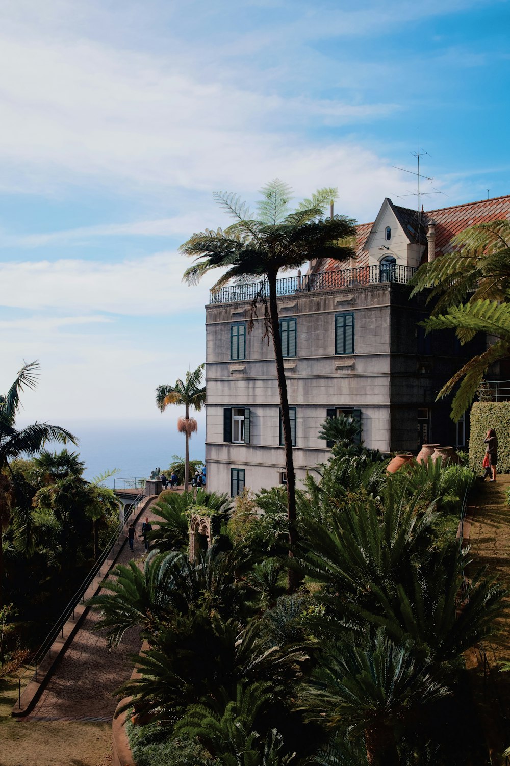 a large building with palm trees in front of it