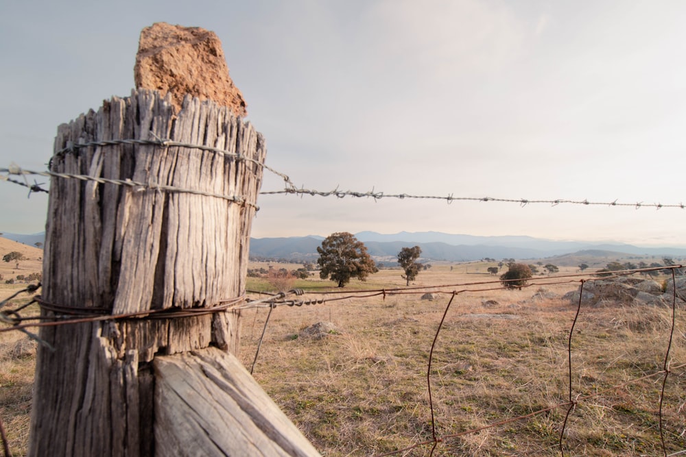 a wooden fence with a barbed wire on top of it