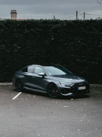 a car parked in a parking lot next to a hedge