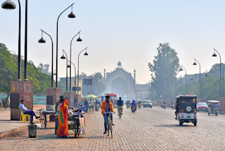 A vibrant street scene in Bihar showing new infrastructure alongside daily life.