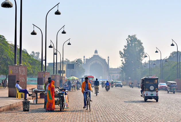 A vibrant street scene in Bihar showing new infrastructure alongside daily life.