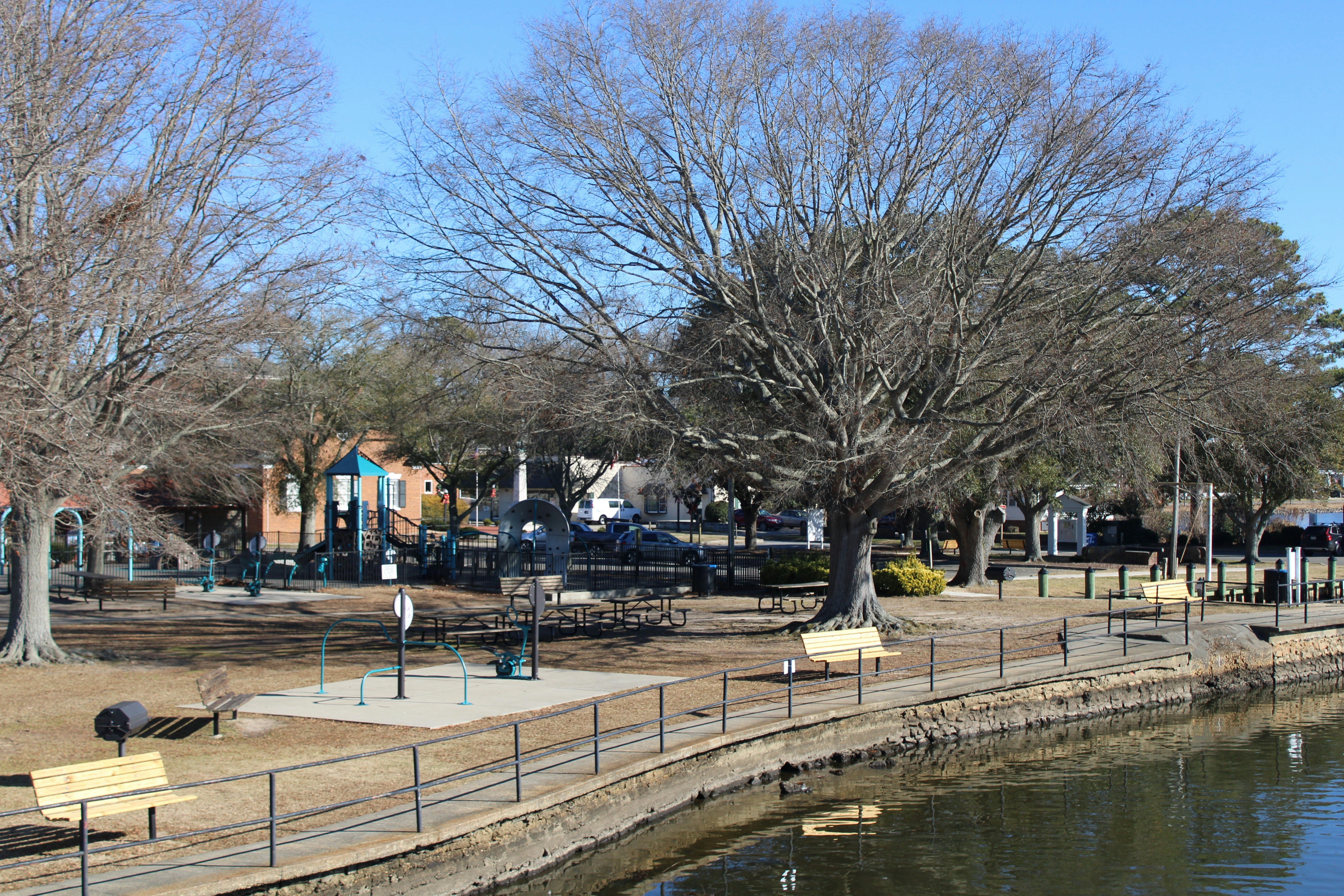 un parco accanto a uno specchio d'acqua