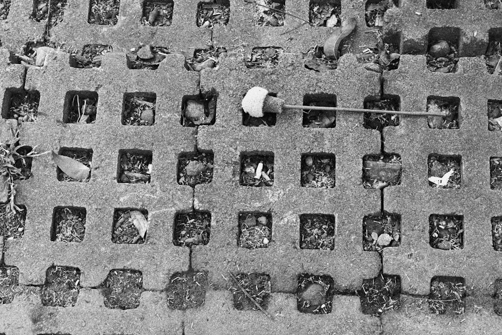 a black and white photo of a street with potted plants