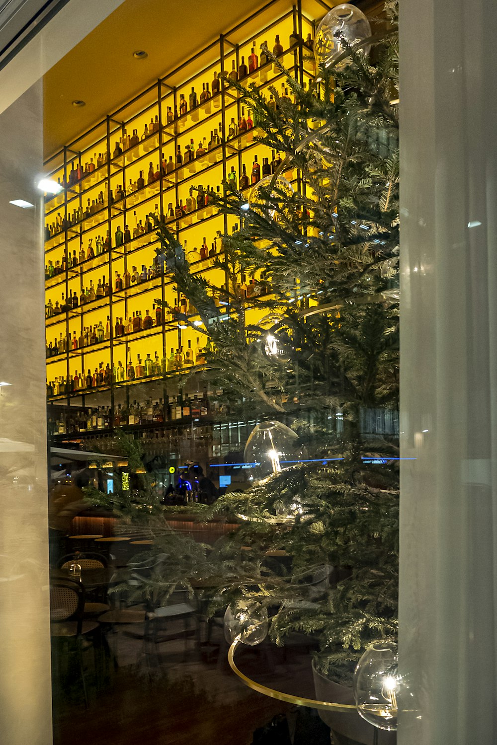 a christmas tree in a store window with bottles on the wall