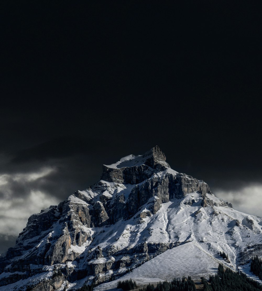 a mountain covered in snow under a cloudy sky