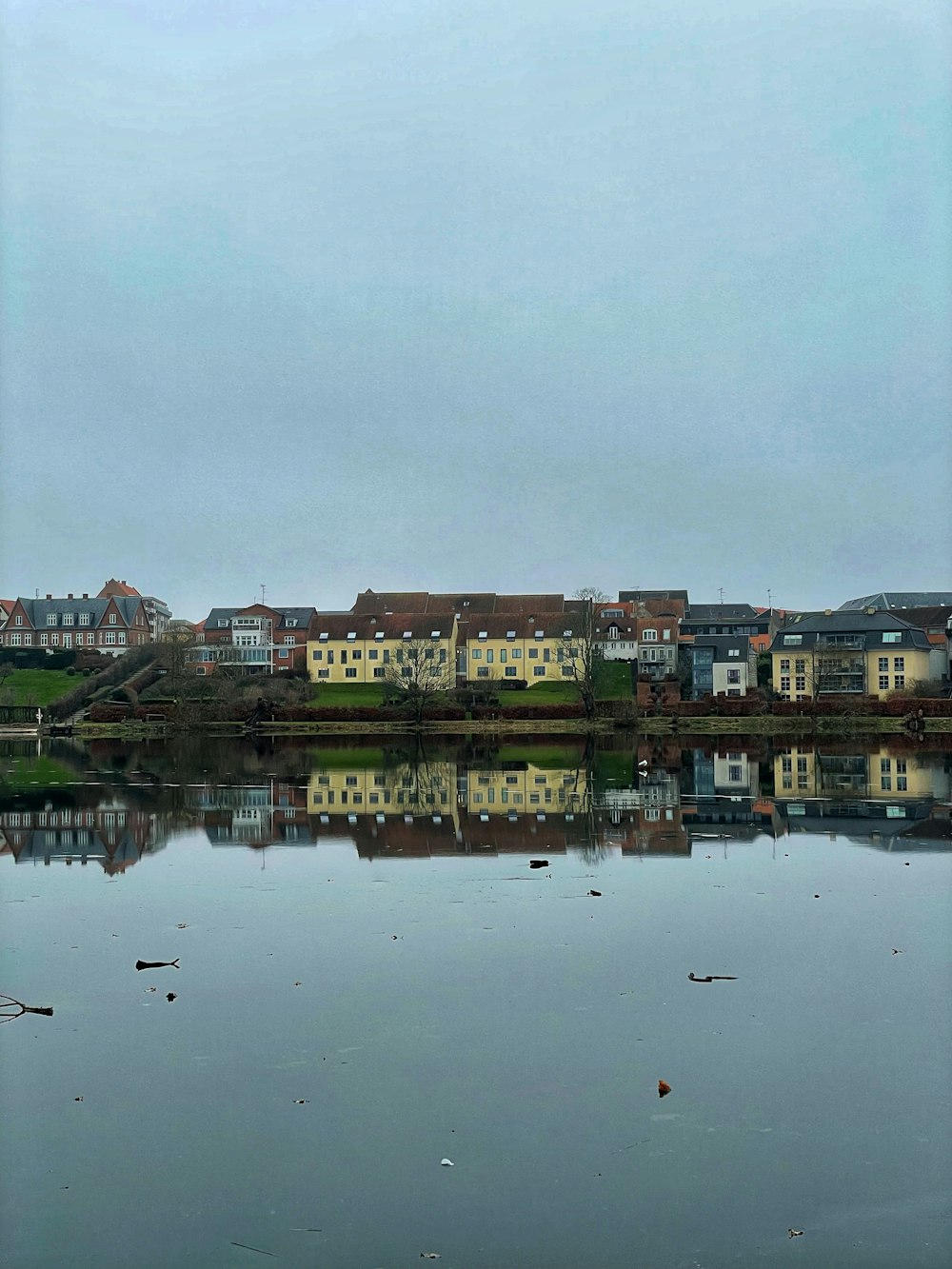 a body of water with houses in the background