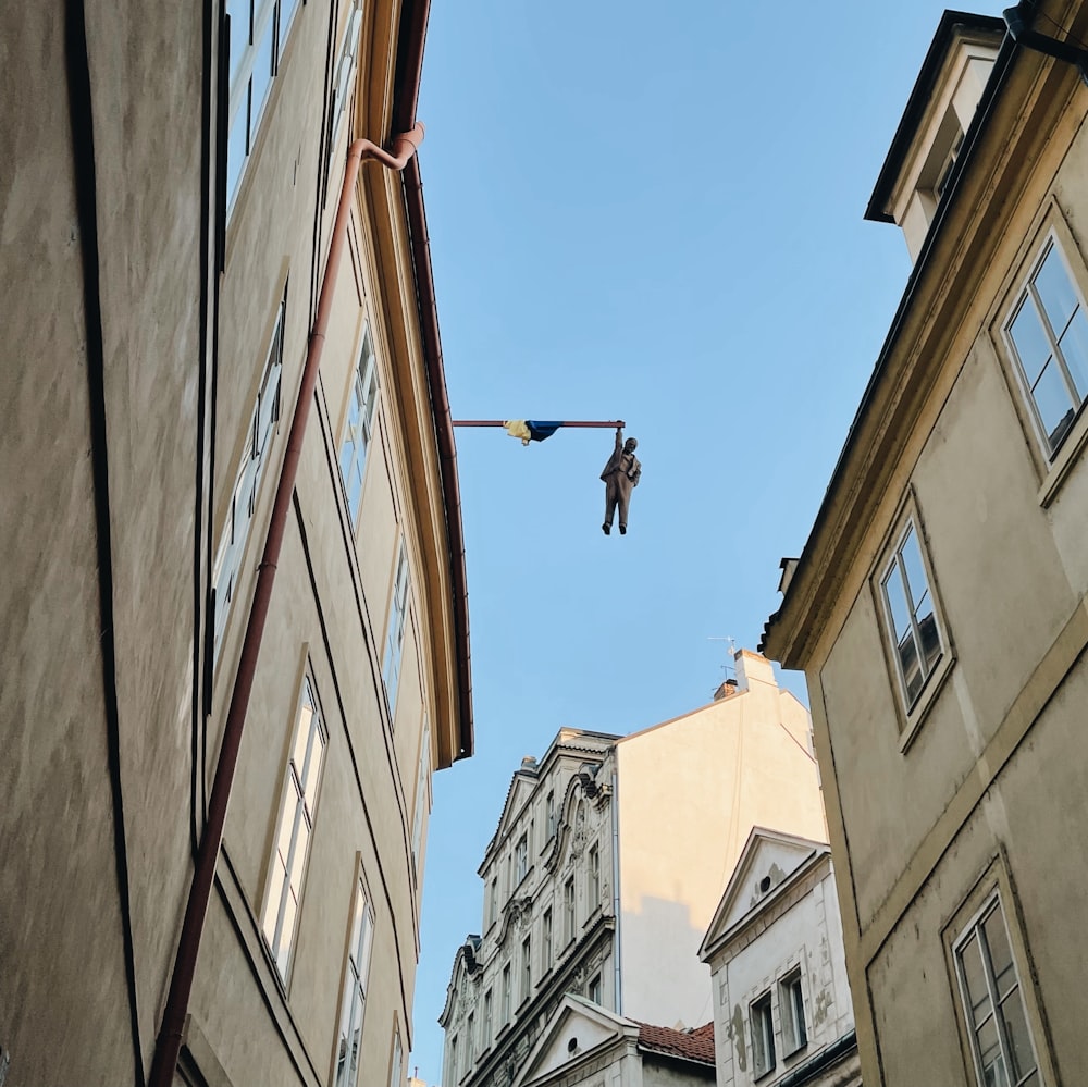 a bird flying over a street light in a city