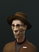 A stylized, digital 3D rendering of a character with a long, angular face wearing round glasses and a brown, striped hat. The character is dressed in a brown textured jacket with a visible name tag reading 'OSCORR'. The background is a solid, dark green, creating a strong contrast with the character's lighter complexion.