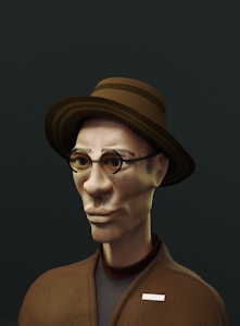 A stylized, digital 3D rendering of a character with a long, angular face wearing round glasses and a brown, striped hat. The character is dressed in a brown textured jacket with a visible name tag reading 'OSCORR'. The background is a solid, dark green, creating a strong contrast with the character's lighter complexion.