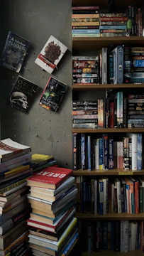 A cozy reading nook with stacks of new books and a calendar pinned on the wall.