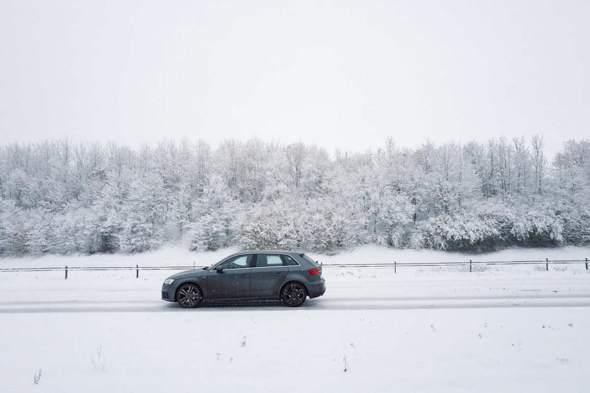 A car driving on a snowy road past frosted trees