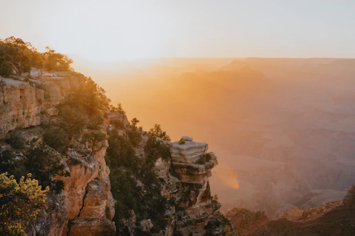 A breathtaking view from the Yellowstone Rim of the Grand Canyon, illuminated by the golden light of sunset with vibrant autumn foliage.