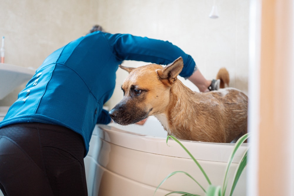 a woman is taking a bath with her dog