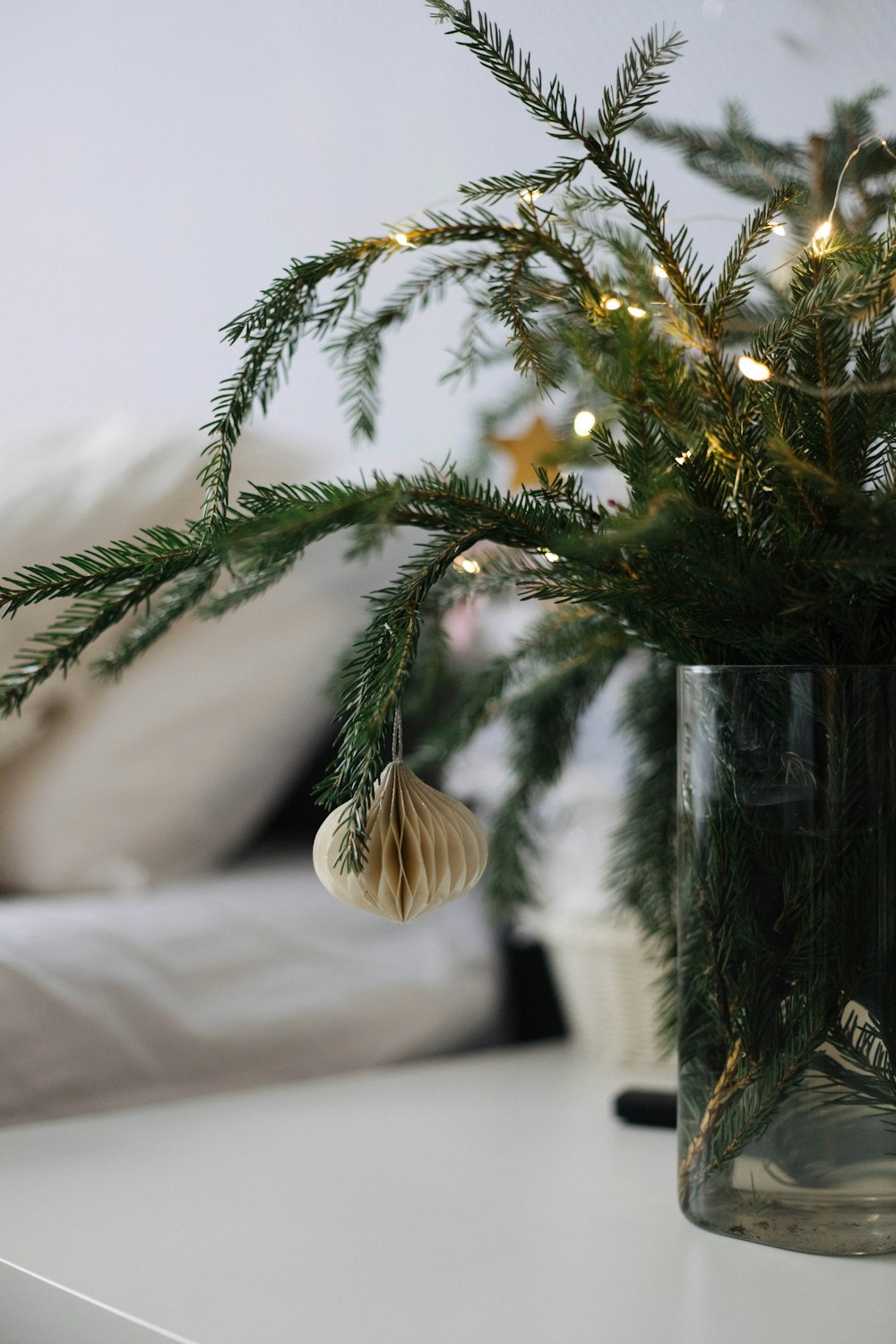 a christmas tree in a vase with lights on it