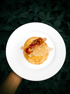A white plate holds a delicately presented dessert topped with a honeycomb pattern. The dessert includes a thin, crispy wafer, vibrant red berries, and a small yellow fruit or nut, surrounded by lush green foliage.