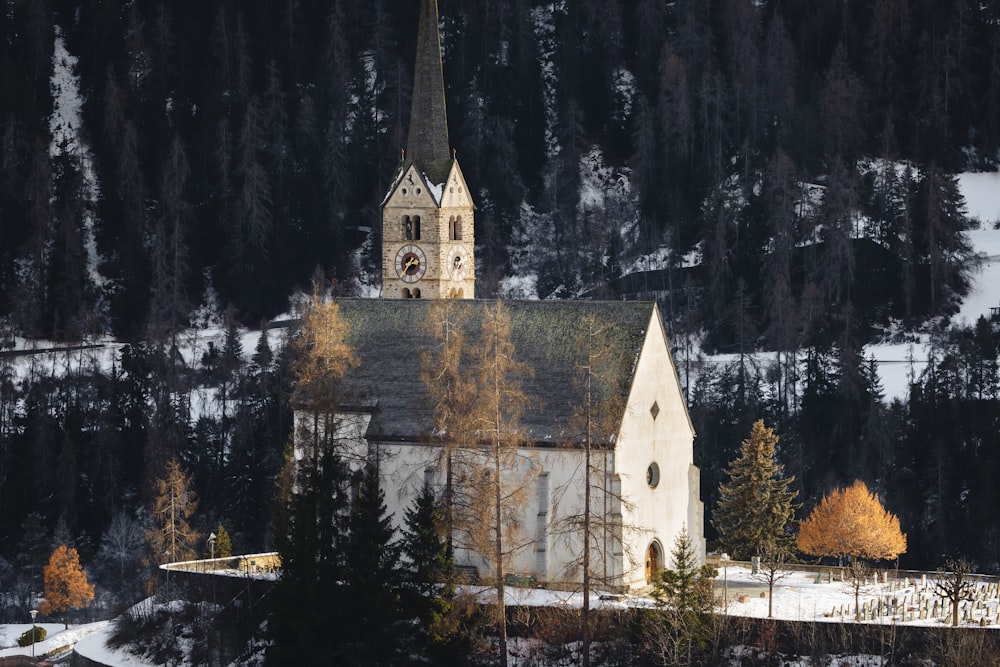Una iglesia con un campanario rodeado de árboles