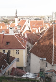 A view of a charming European cityscape with red-roofed buildings. The architecture is a mix of medieval and modern styles, with a prominent black and white tower in the background. Narrow cobblestone streets wind through the buildings, and there is a person walking on one of the streets.