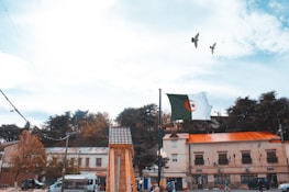 A public square with buildings, trees, and a large flagpole featuring the Algerian flag in the foreground. The sky is partly cloudy, and two birds are flying overhead. People can be seen walking around near parked vehicles.