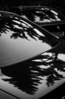 Reflection of trees and sky on a freshly polished blue car surface