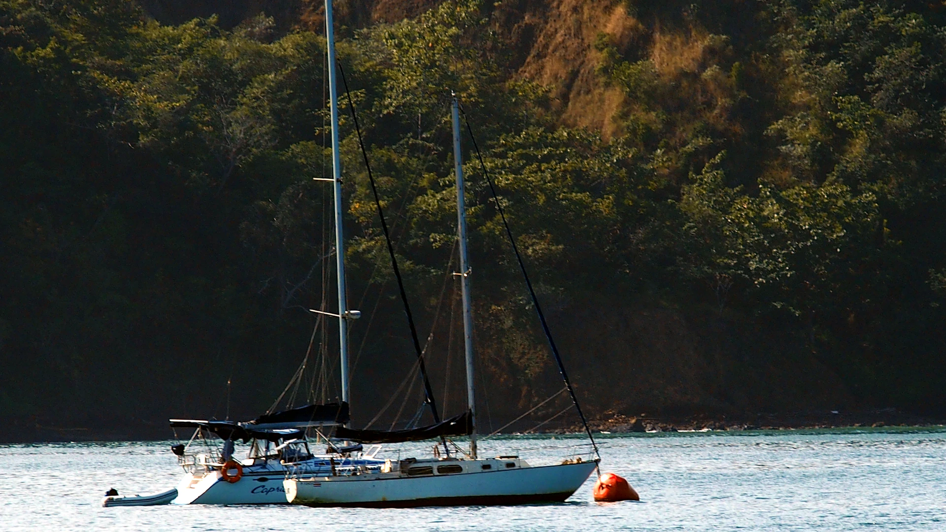 A majestic sailing boat anchored near a peaceful coastline with hills in the background.