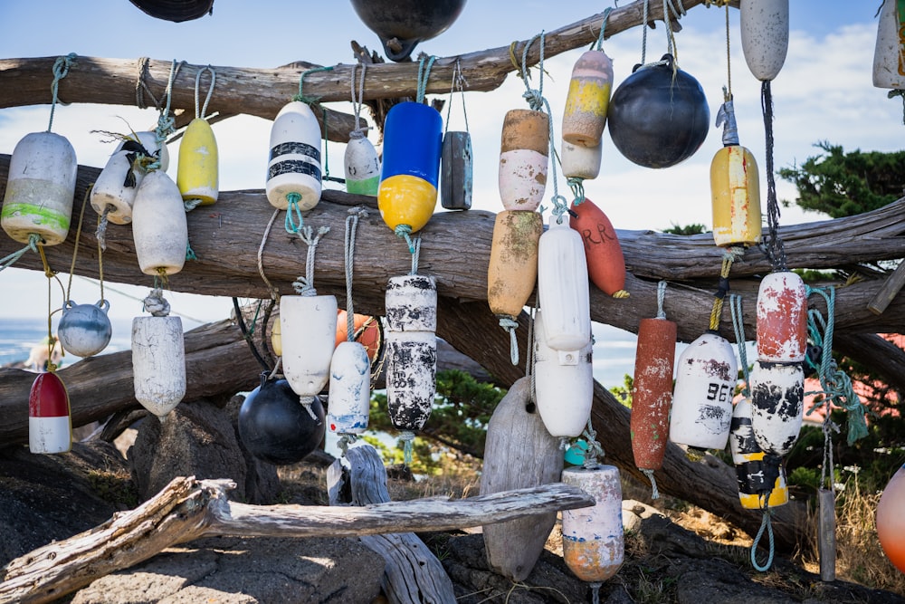 a bunch of buoys hanging from a wooden pole