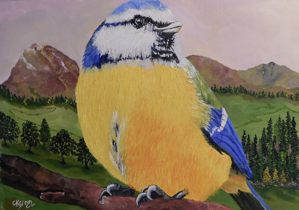 une peinture d’un oiseau bleu et jaune sur une branche