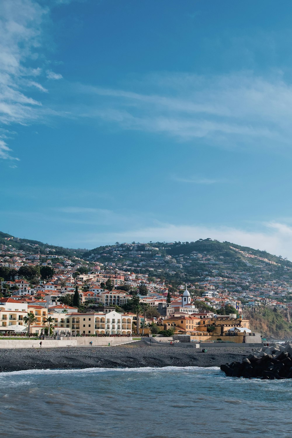 a view of a city from the ocean