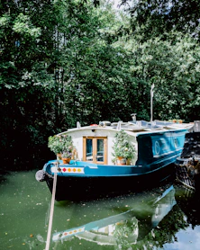 a blue boat with plants on the side of it