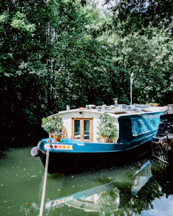 a blue boat with plants on the side of it