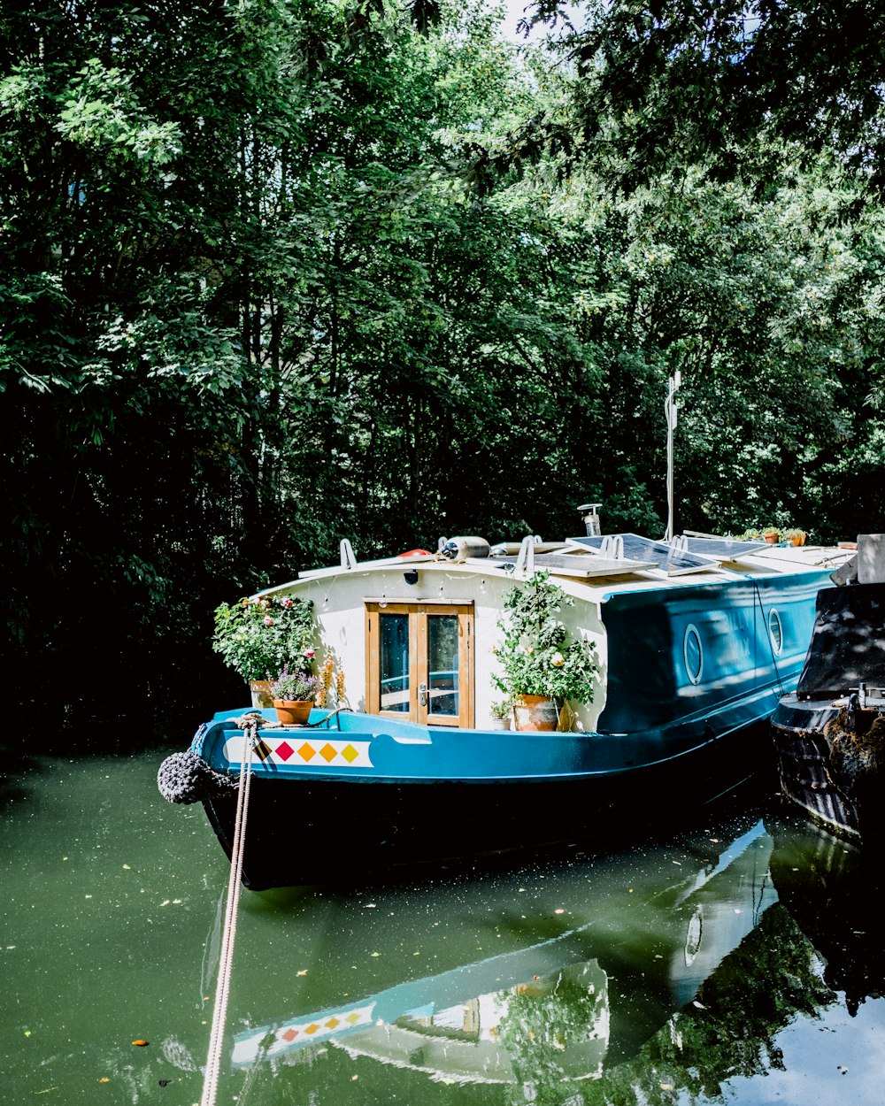 a blue boat with plants on the side of it