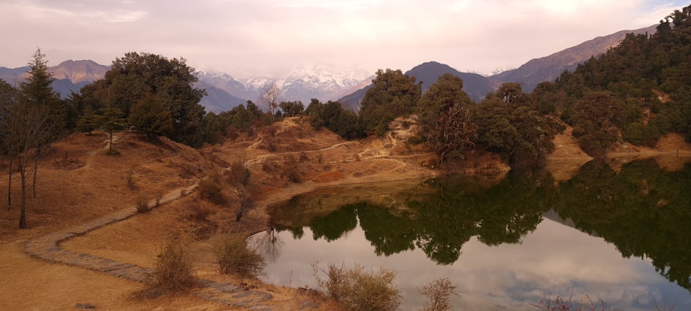 a small lake surrounded by mountains and trees