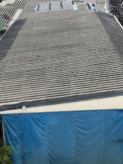 A large corrugated metal roof with a section of blue tarp covering the area at the bottom. There are some plants visible at the lower left corner.