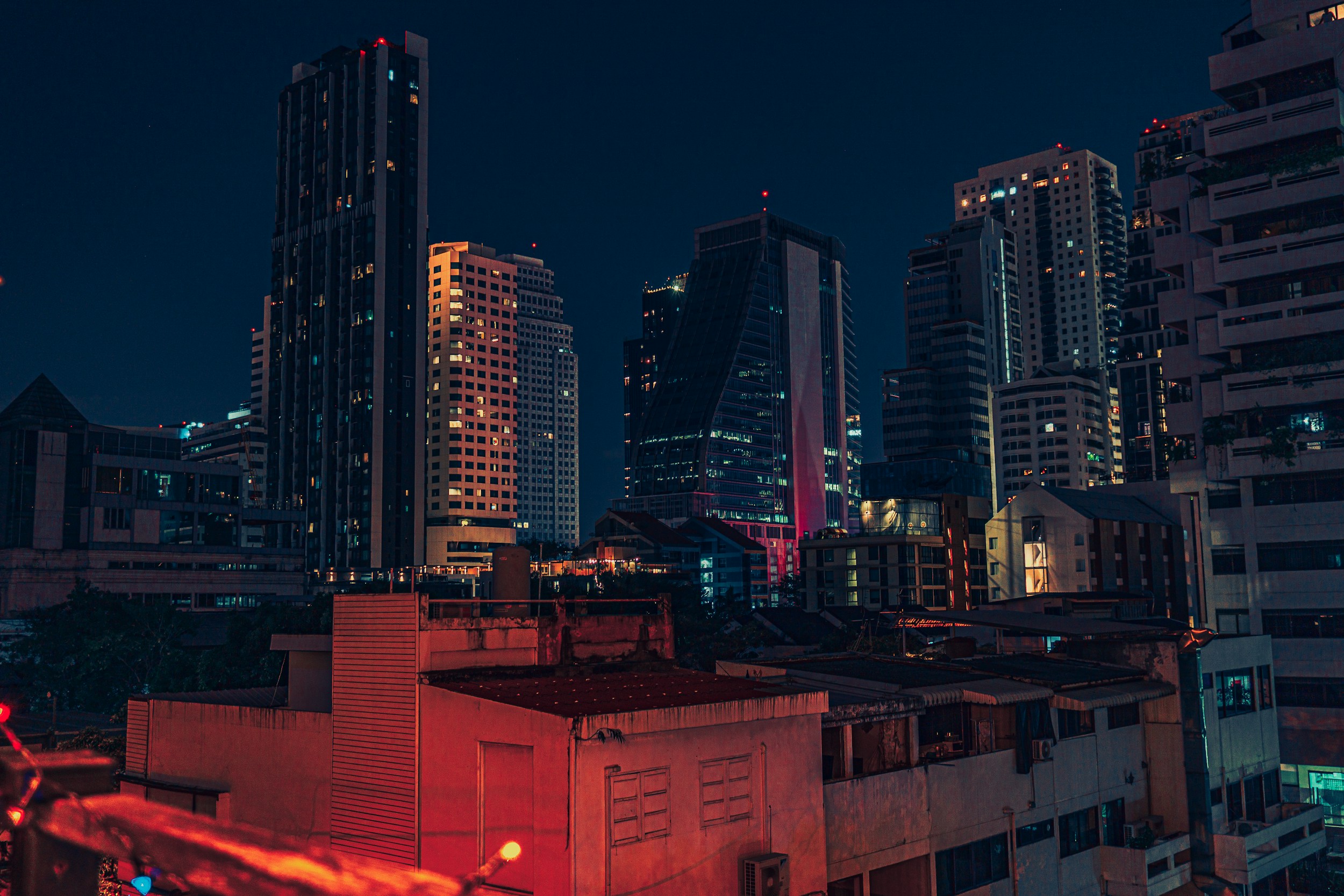 city skyline dusk street lights