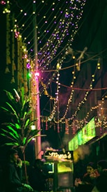 An outdoor scene at night featuring decorative string lights in shades of yellow and purple. A food stall with a sign reading 'Momo's' emits steam, suggesting hot food preparation. Two people are seated near the stall, with others possibly visible in the background. The atmosphere is lively, with lush green plants adding to the aesthetics.