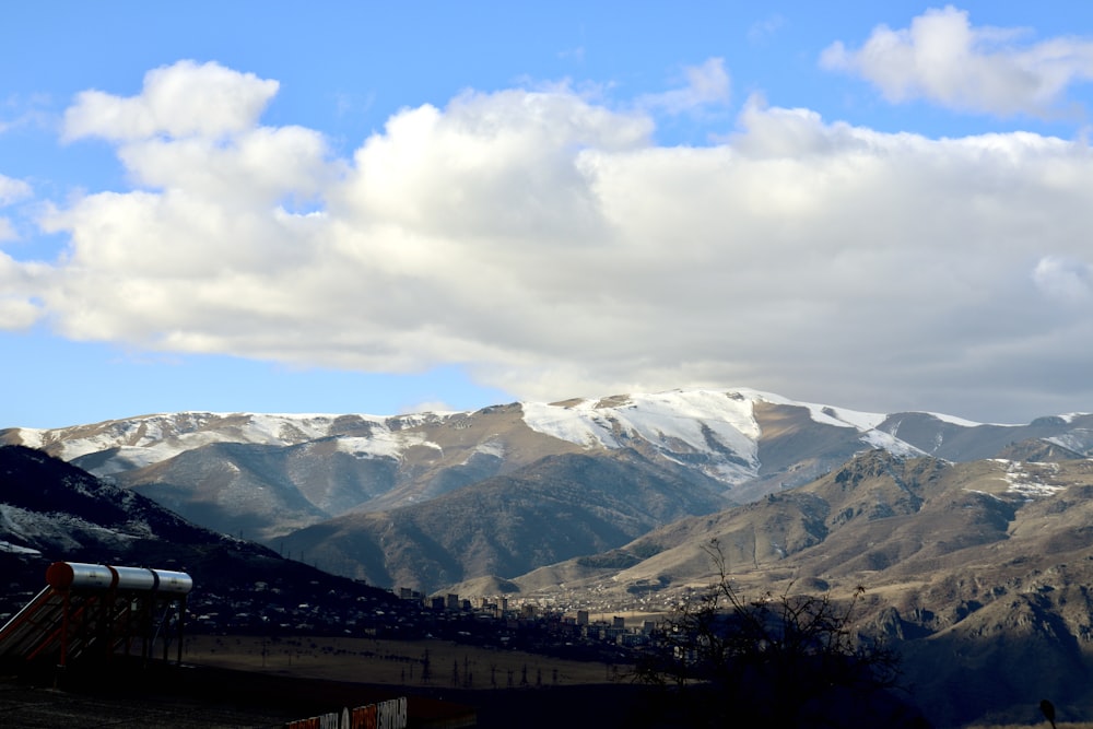 a mountain range with snow capped mountains in the background