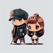 Two chibi-style cartoon characters are standing side by side. The character on the left is a boy wearing a dark cap, a jacket, and jeans, with hands in his pockets and a serious expression. The character on the right is a girl with long brown hair adorned with a bow, wearing a dress and a small jacket. Both characters have large, expressive eyes and are drawn with exaggerated, cute features.