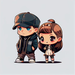 Two chibi-style cartoon characters are standing side by side. The character on the left is a boy wearing a dark cap, a jacket, and jeans, with hands in his pockets and a serious expression. The character on the right is a girl with long brown hair adorned with a bow, wearing a dress and a small jacket. Both characters have large, expressive eyes and are drawn with exaggerated, cute features.