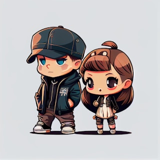 Two chibi-style cartoon characters are standing side by side. The character on the left is a boy wearing a dark cap, a jacket, and jeans, with hands in his pockets and a serious expression. The character on the right is a girl with long brown hair adorned with a bow, wearing a dress and a small jacket. Both characters have large, expressive eyes and are drawn with exaggerated, cute features.