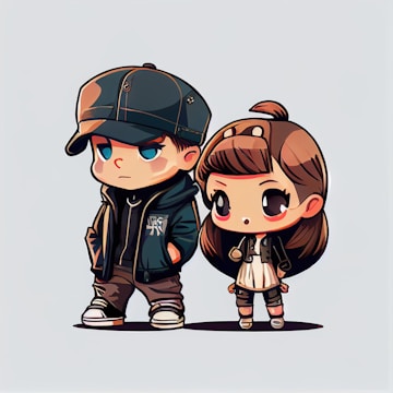 Two chibi-style cartoon characters are standing side by side. The character on the left is a boy wearing a dark cap, a jacket, and jeans, with hands in his pockets and a serious expression. The character on the right is a girl with long brown hair adorned with a bow, wearing a dress and a small jacket. Both characters have large, expressive eyes and are drawn with exaggerated, cute features.