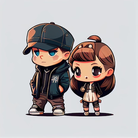Two chibi-style cartoon characters are standing side by side. The character on the left is a boy wearing a dark cap, a jacket, and jeans, with hands in his pockets and a serious expression. The character on the right is a girl with long brown hair adorned with a bow, wearing a dress and a small jacket. Both characters have large, expressive eyes and are drawn with exaggerated, cute features.